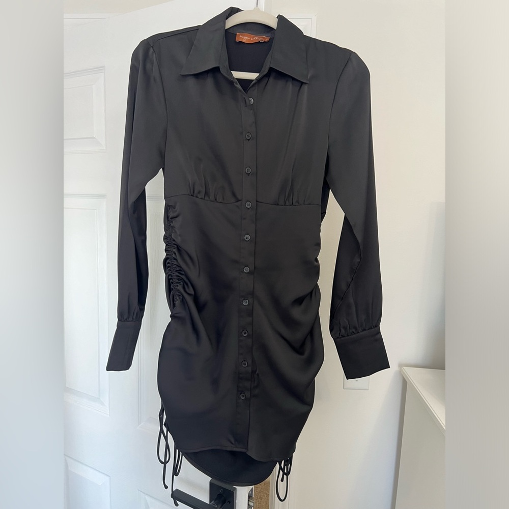 Black satin button up dress